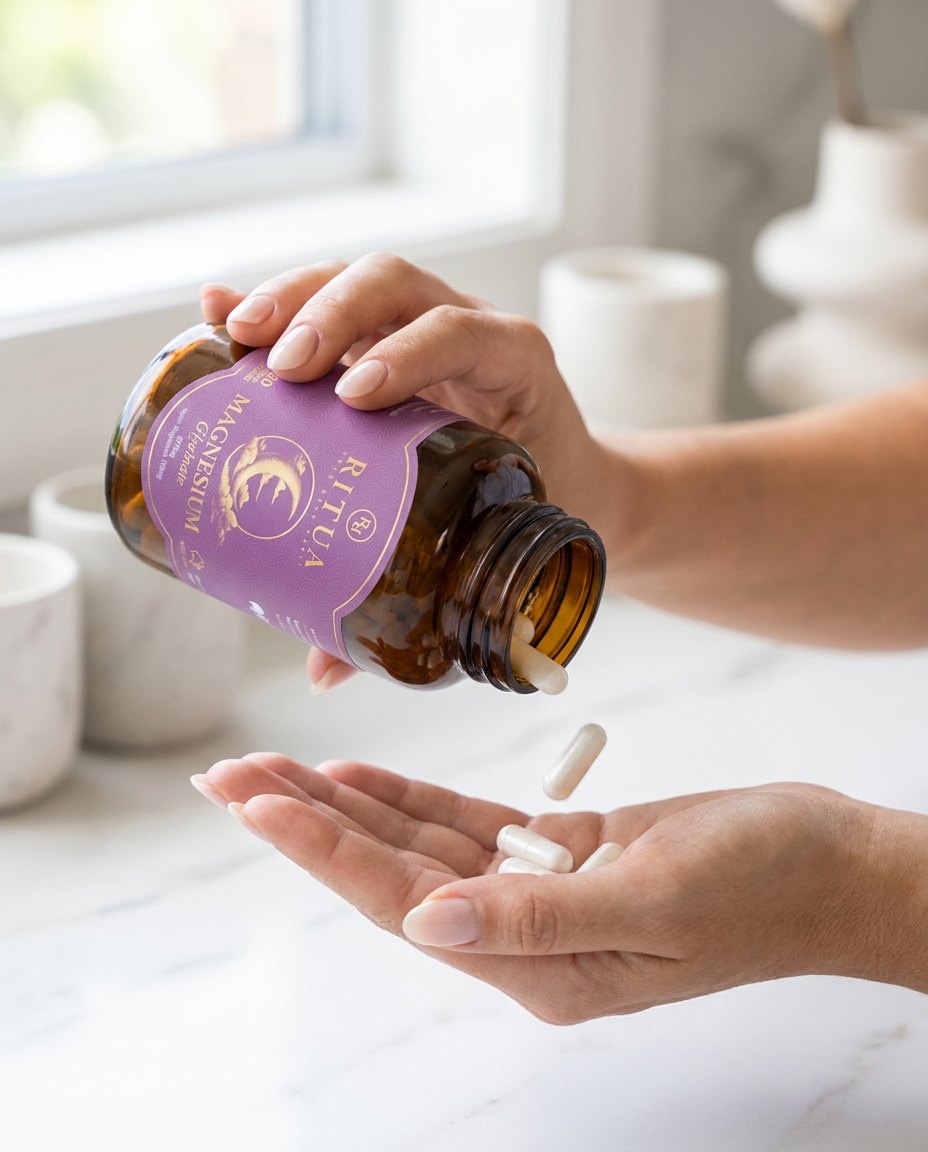 Pouring Ritua Magnesium Glycinate capsules into hand