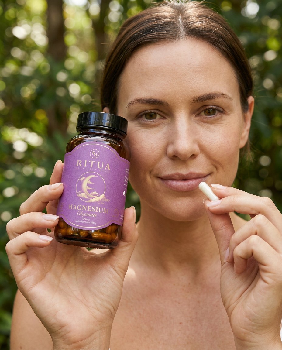 Woman outdoors in daylight holding a bottle of Ritua Magnesium Glycinate and a capsule