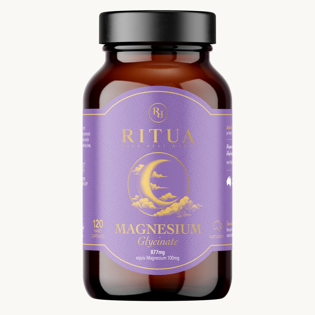 Front of the Ritua Magnesium Glycinate pack showing 877 mg magnesium glycinate providing 100 mg elemental magnesium, 120 hard capsules