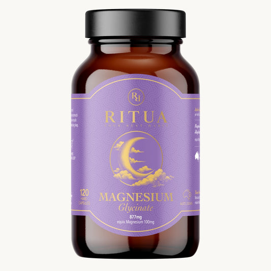 Front of the Ritua Magnesium Glycinate pack showing 877 mg magnesium glycinate providing 100 mg elemental magnesium, 120 hard capsules