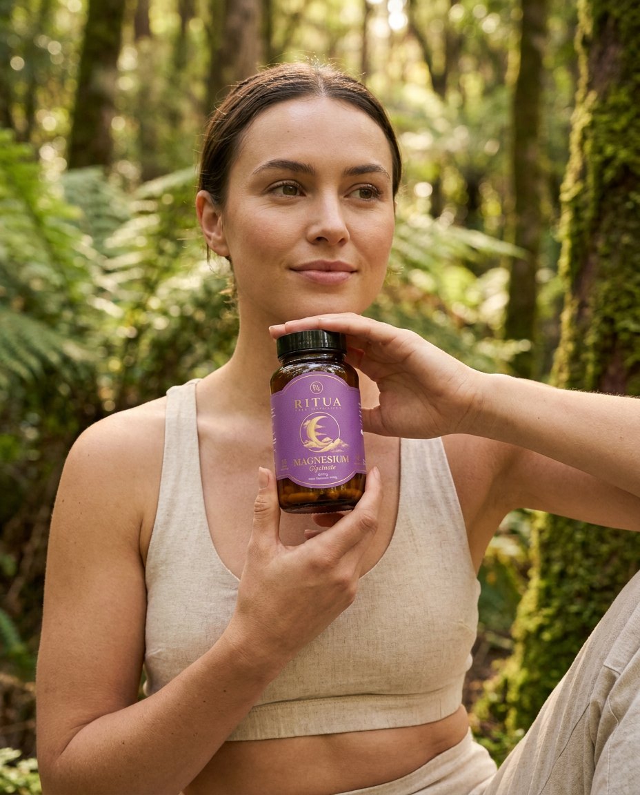 Woman holding Ritua Magnesium Glycinate outdoors