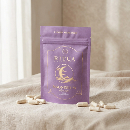 Ritua Magnesium Glycinate 7 Night Trial Pack with capsules on linen