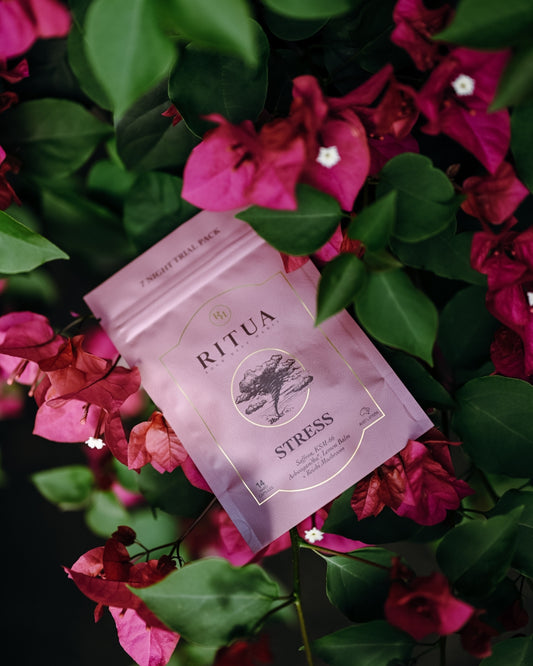 Ritua Stress 7 Night Trial Pack among bougainvillea